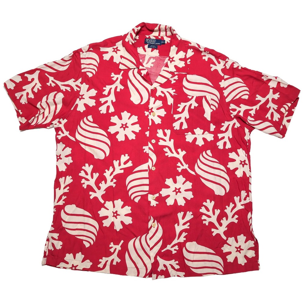 POLO RALPH LAUREN Adams Hawaiian Shirt Mens XL Red Good Rayon Coral Shell Print